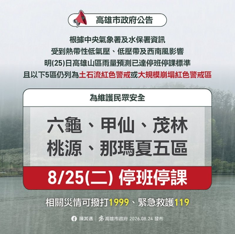 2026/08/24雨量預測已達停班停課標準，高雄市那瑪夏、桃源、茂林、甲仙及六龜5個行政區明(25)日停止上班、停止上課。