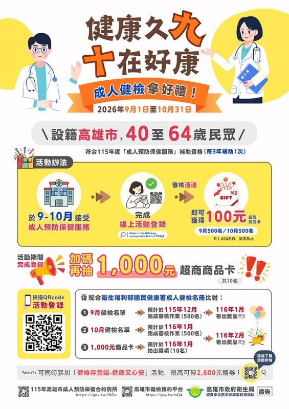 2026/09/01高市衛生局推成人健檢拿好禮獎勵活動  完成篩檢及線上登錄可獲限量百元商品卡